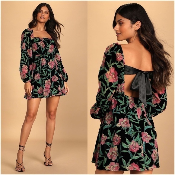 Lulus Dresses & Skirts - LULU’S Blissful Garden Black Floral Print Burnout Velvet Babydoll Dress